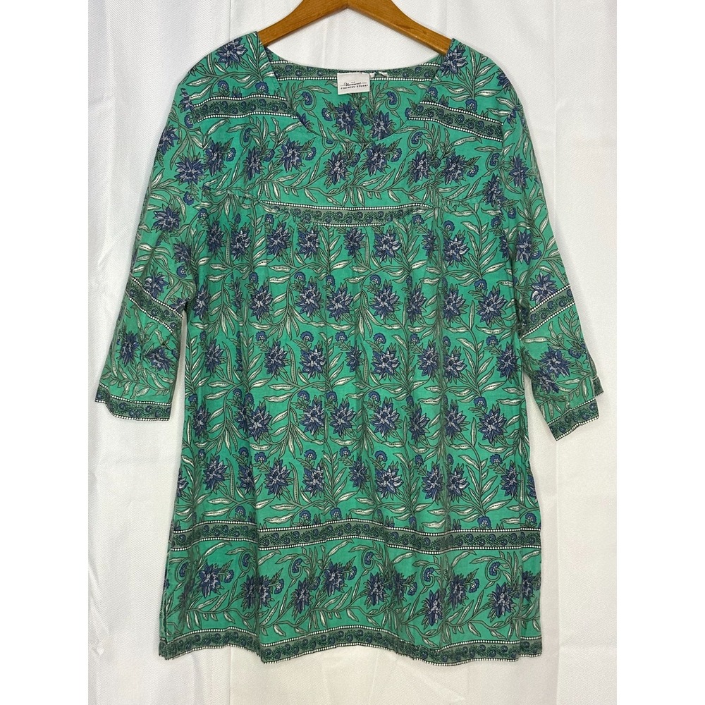 Vermont Country Store Womens 2X Floral Cotton Tunic Top Green Boho Lagenlook